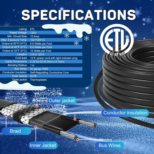 Vista 5 de HEATIT Cable calefactor de techo y canaletas de 3 pies con enchufe iluminado de 10 pies