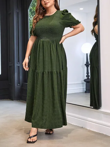 Vista 3 de WDIRARA Vestido Aline con cuello redondo y manga corta abombada y dobladillo fruncido para mujer