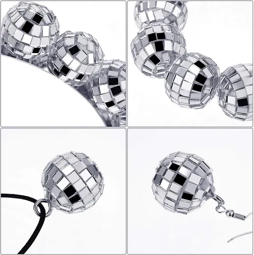 Vista 5 de Hicarer Accesorios de bola de discoteca, disfraz de discoteca de los años 70 para mujer, diadema, aretes, collar, pulsera