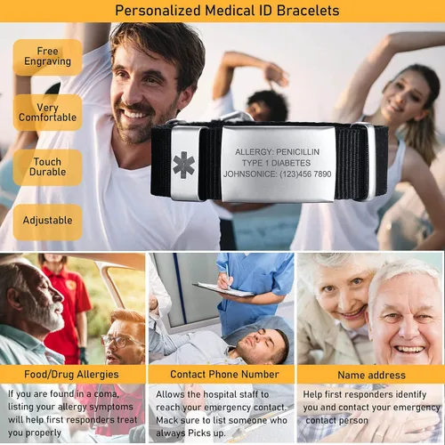 Vista 3 de Pulseras de identificación médica personalizadas para hombres y mujeres pulseras de alerta médica de emergencia grabado gratuito pulsera de nailon