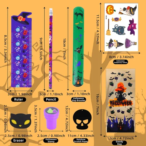 Vista 3 de BicMan Paquete de 24 artículos de papelería surtidos de Halloween, regalos de fiesta para niños, bolsas de regalo, incluye lápices, reglas, sellos