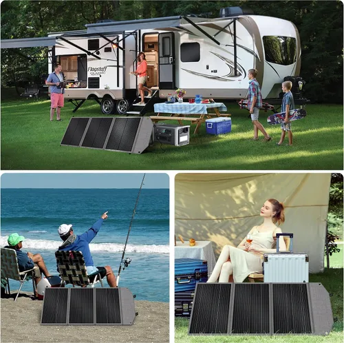 Vista 6 de Panel solar plegable portátil de 100 W, alta eficiencia, 23% con salidas USB-A/C y CC, IP68 impermeable y resistente al polvo diseño para camping