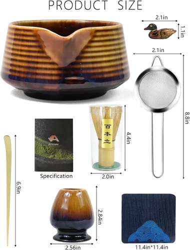 Vista 2 de Artcome Juego de té Matcha – Kit japonés Matcha con batidor de bambú, cuenco de boquilla para vertido, cuchara, tamiz, soporte y manual