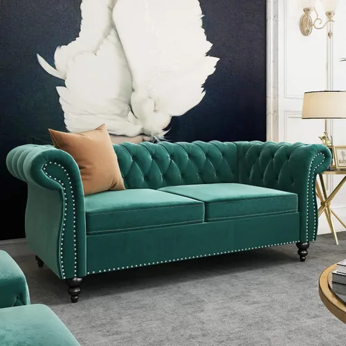 Vista 15 de QHITTY Sofá grande Accent, sofá Chesterfield de 3 plazas moderno de cuero, sofá tapizado con respaldo copetudo para muebles de sala de estar (negro)