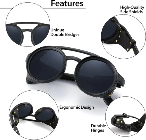 Vista 4 de Technigadgets Finnegan Steampunk - Lentes de sol retro para hombre y mujer, con escudo lateral de cuero, doble puente de plástico, marco