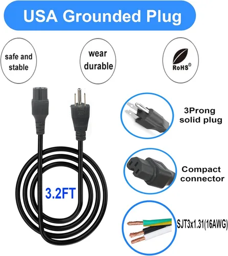 Vista 2 de Cable de alimentación percolador de 3 clavijas para Hamilton Beach Modelo 40616, piezas de repuesto para cafeteras Farberware, monitores de 3 pies