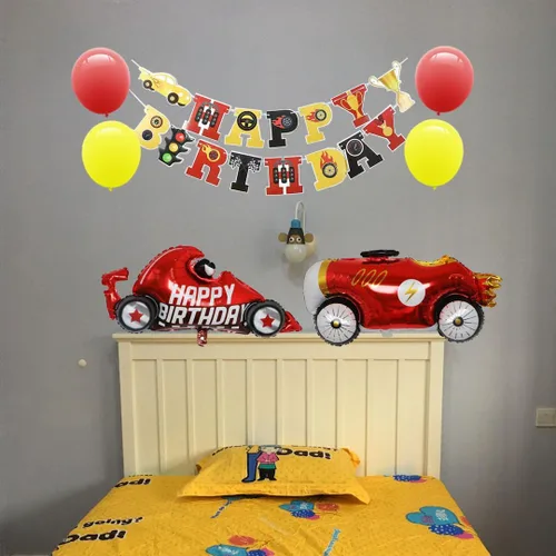 Vista 7 de Suministros para fiestas de carreras, decoraciones de fiesta de cumpleaños para niños, contiene una pancarta de carreras, 6 globos de aluminio, 4