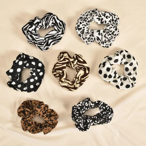 Vista 5 de Lazos para el cabello con estampado de vaca y leopardo, 7 piezas, coleteros multicolor de animales Bandas de pelo para niñas, soporte para cola