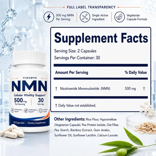 Vista 2 de NMN 500 mg Nicotinamide Mononucleotide, Cellular Wellness Formula, 60 Caps