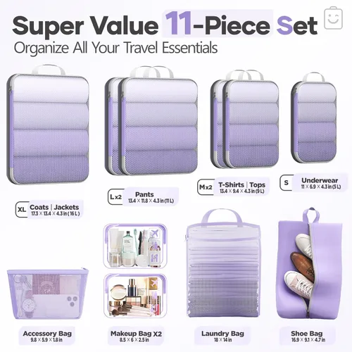 Vista 2 de Veken Juego de 11 cubos de compresión para artículos esenciales de viaje, bolsas organizadoras compresibles expandibles grandes para maletas