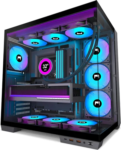Vista 15 de H1 HYXN - Funda para PC, 7 ventiladores Infinity Mirror PWM ARGB preinstalados, carcasa de computadora ATX Mid Tower, funda de PC