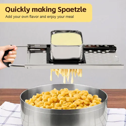 Vista 5 de Spaetzle Maker de acero inoxidable con mango de agarre cómodo y espumadera, juego de herramientas para hacer albóndigas de huevo alemán casero