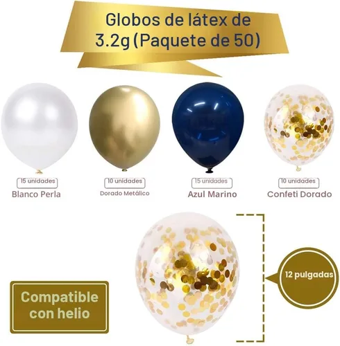 Vista 3 de Globos de confeti azul marino y dorados, 50 unidades de 12 pulgadas, globos de cumpleaños de perla blanca y dorados metálicos cromados