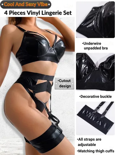 Vista 106 de Kaei&Shi - Lencería con liguero para mujer, conjunto de encaje traslúcido y sexy de 4 piezas combinadas