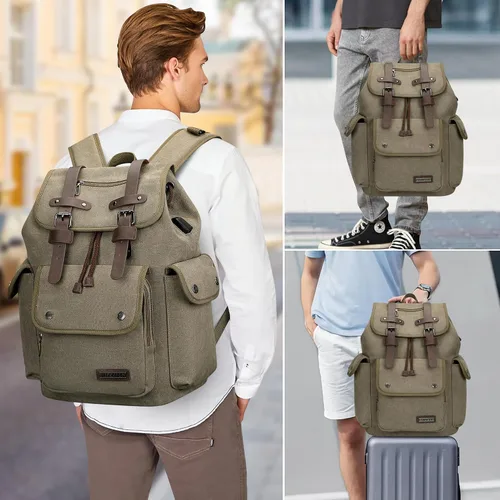 Vista 2 de WITZMAN Mochila de lona para hombre, mochila vintage para laptop de 15.6 pulgadas, mochila de viaje de alta capacidad casual (A8004 verde militar)