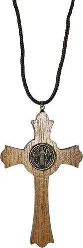 Vista 2 de Catholica Shop Saint Benedict Medal Wood Crucifix Pendant Cord Necklace. Religious Necklace for Men and Women. Made in Brazil