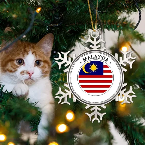 Vista 4 de Bandera de Malasia Adornos de Navidad para niños, bandera nacional, silueta de Malasia, decoraciones de Navidad, regalo de metal copo de nieve
