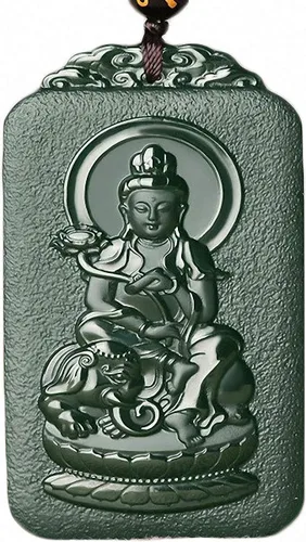 Vista 4 de China Natural Hetian Green Jade Nefrita tallado Zodiaco Protector Deidad Colgante Amuleto