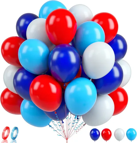 Vista 26 de Globos de graduación azules y dorados, 60 globos impresos con texto en inglés "Felicitaciones", 12 pulgadas, azul marino, blanco, azul, metálico