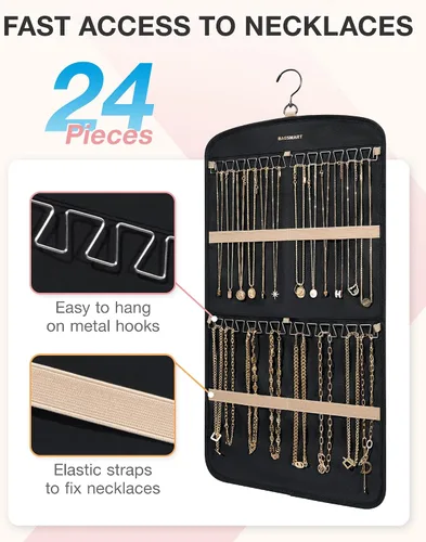 Vista 2 de BAGSMART Organizador de joyas colgante, soporte para collares, aretes antienredos, colgador de anillos con 10 bolsas de joyería, rollo