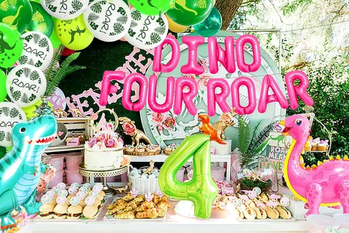 Vista 6 de LaVenty Globos de rugido de dinosaurio Rex para decoración de cumpleaños de 4 años, diseño de dinosaurio para niña