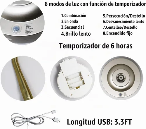 Vista 5 de Luz de árbol de bonsái dorada mate de 20 pulgadas, lámpara de mesa de árbol de luz de hadas artificial, ocho modos de iluminación, funciona con USB