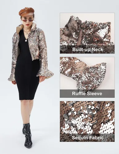 Vista 5 de Orolay Chaqueta pequeña de lentejuelas ultra corta con cuello alto para mujer