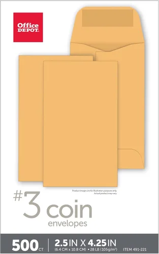 Vista 4 de Office Depot® Sobres para monedas, #3, 2 1/2 "x 4 1/4", marrón Kraft, paquete de 500