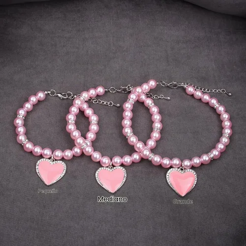 Vista 4 de Collar de perlas de perro y gato con diamantes de imitación, dije de corazón con dije de corazón para mascotas y cachorros (S, rosa)
