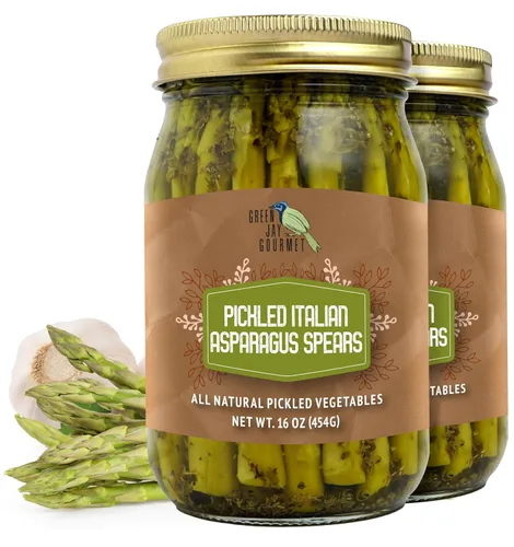 Vista 8 de Lanzas de espárrago en escabeche Green Jay Gourmet en frasco - Vegetales frescos en escabeche envasados a mano para cocinar y despensa – Espárragos