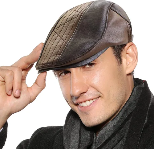 Vista 17 de Panegy Sombrero de periódico para hombre, gorra plana de piel sintética, sombrero de boina ajustable, sombrero de hiedra para conducir golf al aire