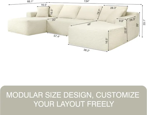 Vista 2 de THSUPER Sofás seccionales sin hueso de pana de 134 pulgadas en forma de U de gran tamaño para sala de estar con diván doble, cómodo sofá de asiento