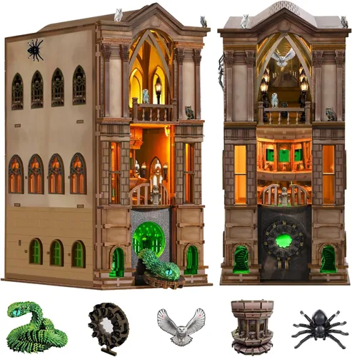 Vista 9 de Nookmaster Kit de rincón de libros – Biblioteca clásica en miniatura para casa de muñecas para libros con luces LED, regalo creativo de bricolaje