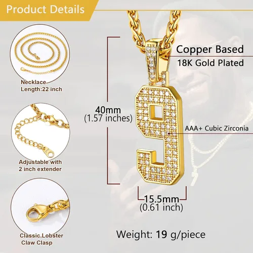Vista 4 de U7 Initial Number Necklace for Men Women, 18K Gold Plated Bling CZ Iced Out Hip Hop Jersey Number Pendant A-Z 26 Letter Necklace, Number 0-9
