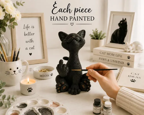 Vista 3 de JFSM INC. Divertida figura de dedo medio de gato negro - Decoración de gato pintada a mano