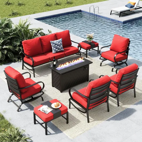 Vista 41 de MFSTUDIO Juego de 4 piezas de conversación para patio, marco de metal para todo tipo de clima, muebles de exterior con 1 mesa rectangular de propano