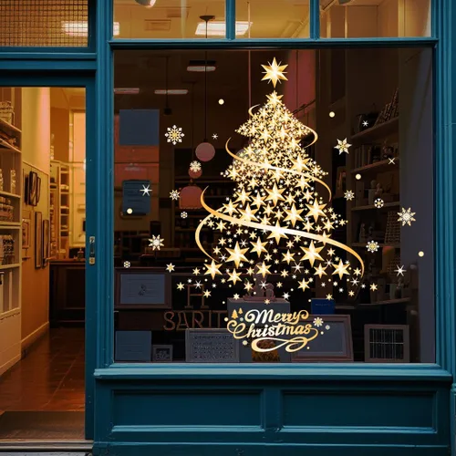 Vista 3 de Decoraciones de Navidad para ventana, árbol de Navidad dorado, copos de nieve, calcomanías de doble cara, decoración de ventana, pared, puerta