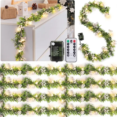 Vista 10 de Duraaamo 5 piezas de guirnalda de Navidad preiluminada con luces de estrella de 1,8 m, 20 luces LED, guirnalda de acebo con bayas rojas, funciona