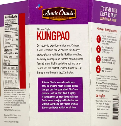 Vista 6 de Tazón de fideos Annie Chun's sabor Kung Pao Vegano, estable, 8.5 oz (paquete de 6), comida preparada para microondas de estilo chino