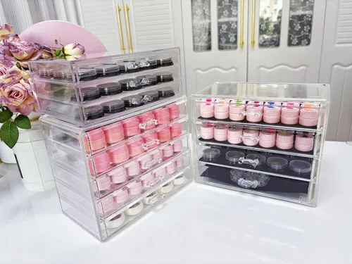 Vista 9 de Caja de almacenamiento de 4 niveles para decoración de arte de uñas, organizador acrílico para maquillaje y joyería con cajones, almacenamiento