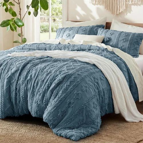 Vista 12 de Bedsure Juego de edredón bohemio copetudo, tamaño individual, juego de cama bohemio azul pizarra, GentleSoft™ 2 piezas de ropa de cama bordada