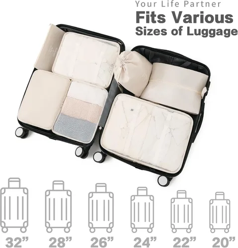 Vista 6 de Lcsmaokin Juego de 7 cubos de embalaje, organizadores ligeros y esenciales de equipaje de viaje para accesorios de viaje con una bolsa para zapatos