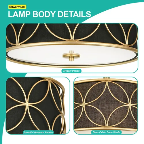 Vista 6 de Edwarmlux Lámpara de techo semiempotrada de 3 luces, luz de tambor de 16 pulgadas con pantalla de tela, moderna lámpara de techo para sala de estar