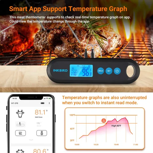 Vista 4 de INKBIRD Termómetro digital de lectura instantánea para carne para cocinar con sondas duales, termómetro Bluetooth impermeable de 328 pies
