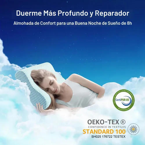 Vista 6 de Almohada de espuma viscoelástica Anvo, almohada ortopédica cervical de contorno de cuello para dormir de lado, boca arriba o boca abajo, diseño