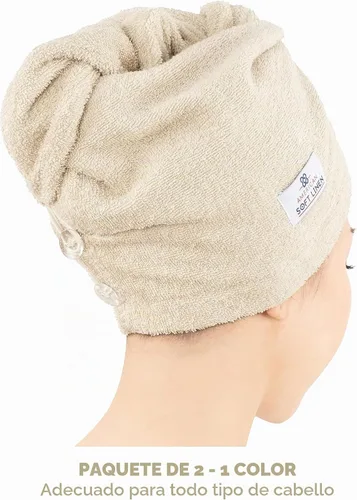Vista 3 de American Soft Linen Toallas de pelo 100 % algodón para mujer, gorro de toalla de pelo, turbante de algodón para cabello largo y rizado Beige
