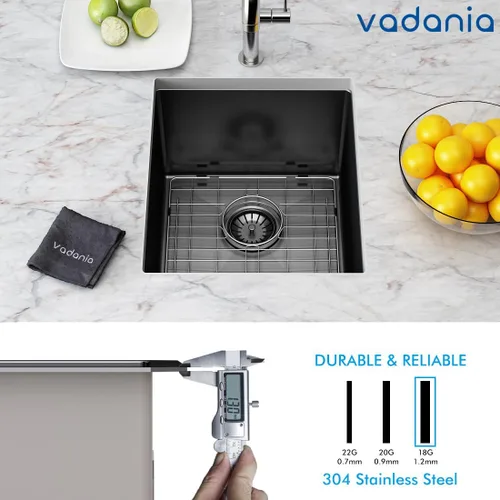 Vista 3 de VADANIA Fregadero de barra de cocina de 16 pulgadas, acabado chapado en negro, 16"x18"x10", tazón individual, bajo encimera, acero inoxidable T304