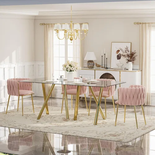 Vista 13 de Glam Style - Juego de mesa de comedor de 5 piezas para 4, mesa de comedor rectangular de vidrio templado de 51 pulgadas con base de metal dorado