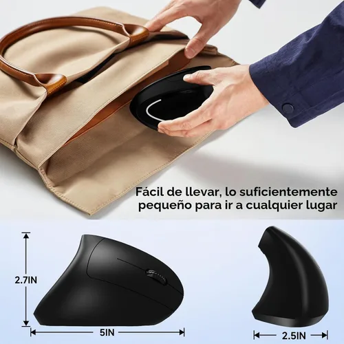 Vista 8 de Ratón inalámbrico vertical ergonómico, elegante, recargable, 2.4G, ratón óptico inalámbrico con receptor USB, 800/1200/1600 DPI, 5 botones