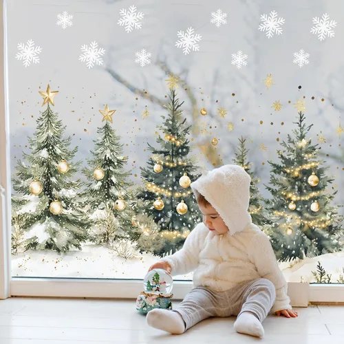 Vista 3 de Whaline 9 hojas de Navidad para ventana, calcomanías para ventana, acuarela, árbol de Navidad, bola de invierno, bosque